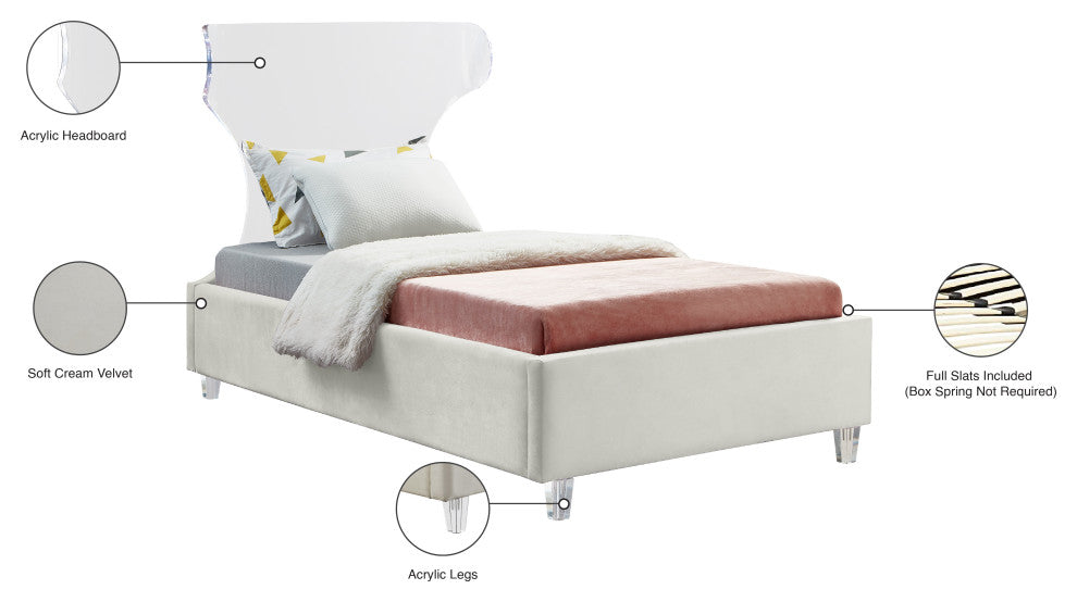 Ghost Velvet Upholstered Bed, Cream, Twin
