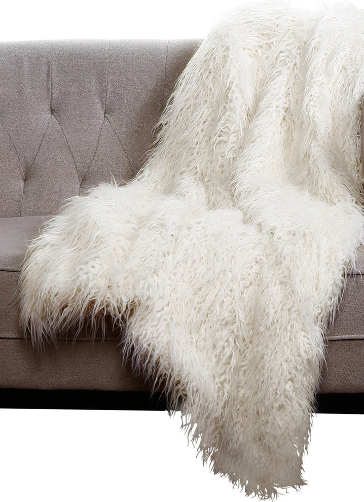 Plano Mongolian Sheepskin Faux Fur Throw, Stone White, 50"x70"