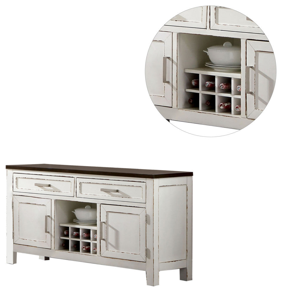 2 Drawers and 2 Doors Wood Server in Weathered White and Dark Walnut