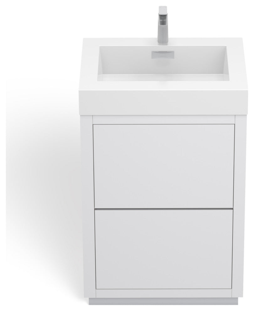 Boutique Bath Vanity, High Gloss White, 24", Single Sink, Freestanding