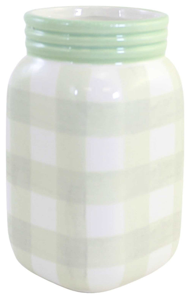 Tabletop Plaid Container Jar Dolomite Planter Utensil Holder A7000 Green