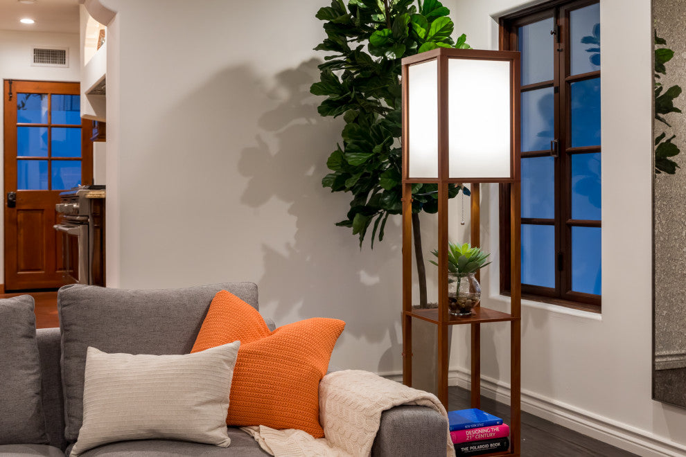 Brightech Maxwell - Modern LED Shelf Floor Lamp - Skinny End Table & Nightstand, Walnut Brown