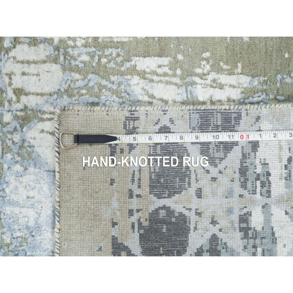 Gray, Wool and Silk THE HONEYCOMB Design, Hand Knotted Runner Rug, 2'6"x10'1"