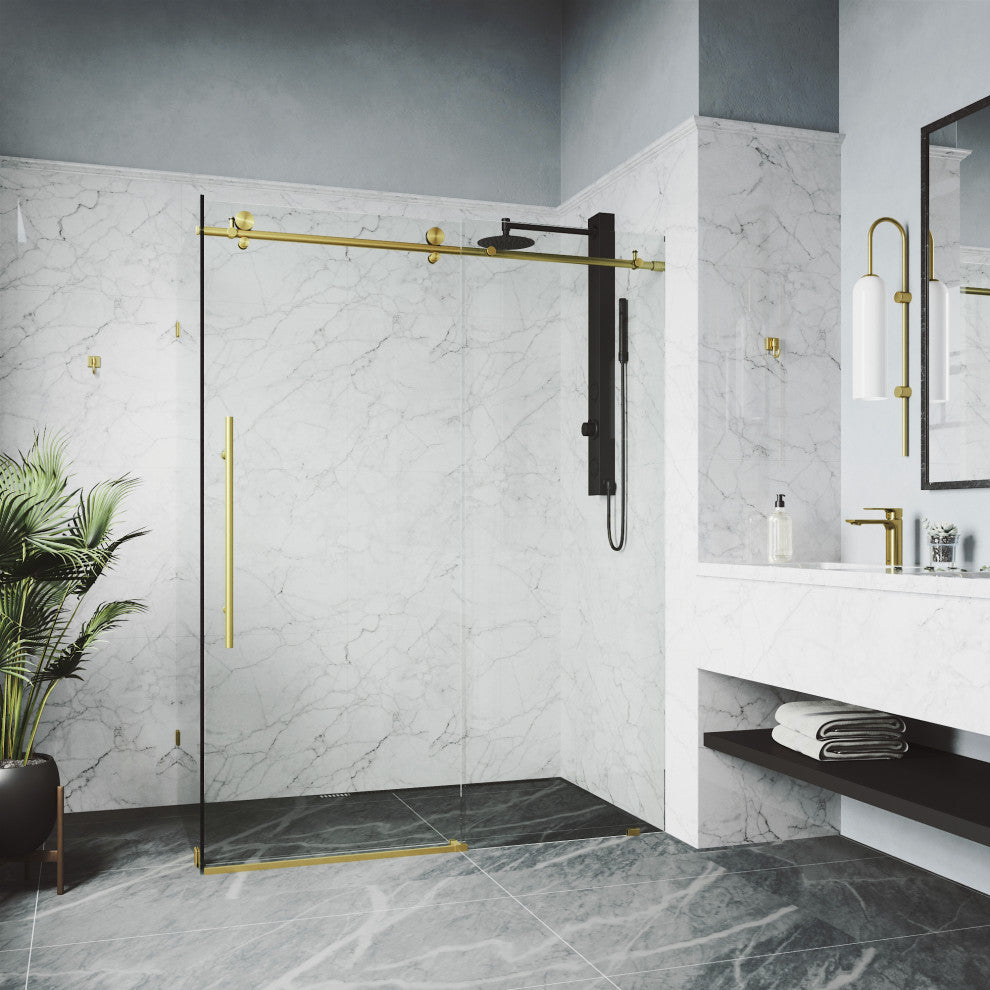 VIGO Elan E-Class Frameless Sliding Shower Enclosure, Matte Brushed Gold, 35" D X 46" W X 76" H, Without Base
