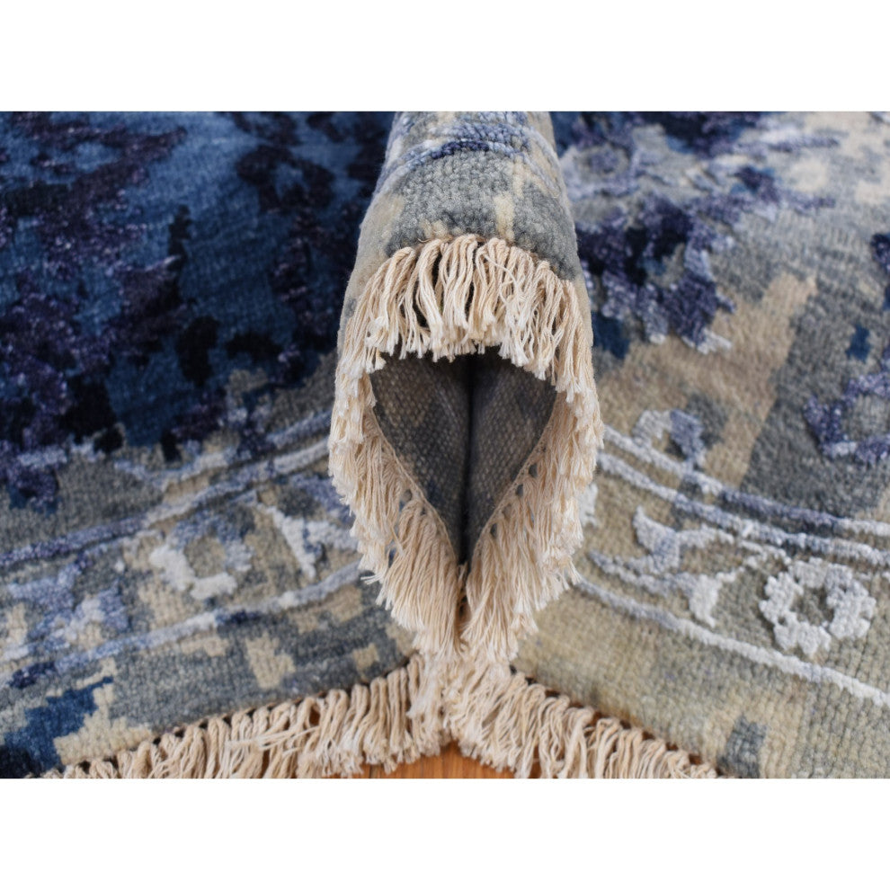 Blue Wool and Silk Japanese Shibori Design Hand Knotted Rug 6' x 8'10"