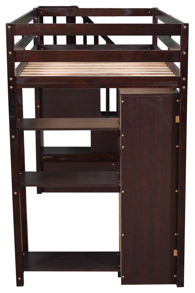 Gewnee Wood Twin Loft Bed with Storage Drawers and Stairs in Espresso