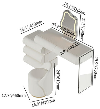 Modern Vanity Set PU Leather Dressing Table With Stool/LED Mirror, Off-White