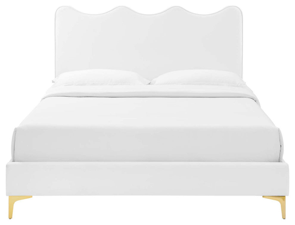 Platform Bed Frame, Queen Size, White, Velvet, Modern, Bedroom Guest Suite