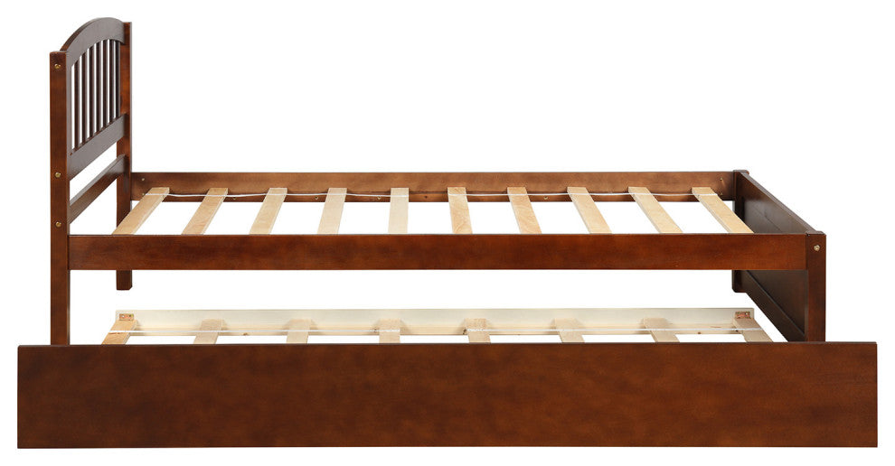 TATEUS Twin Platform Bed With Trundle, Wood Bed Frame With Headboard, Walnut