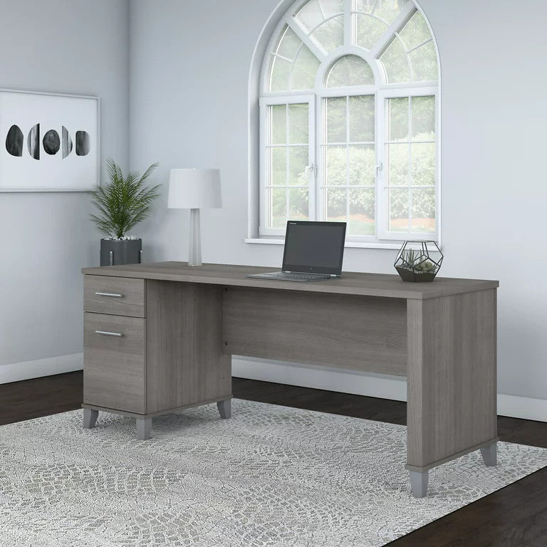 Transitional Desk, Large Design With Wire Management & 2 Drawers, Platinum Gray