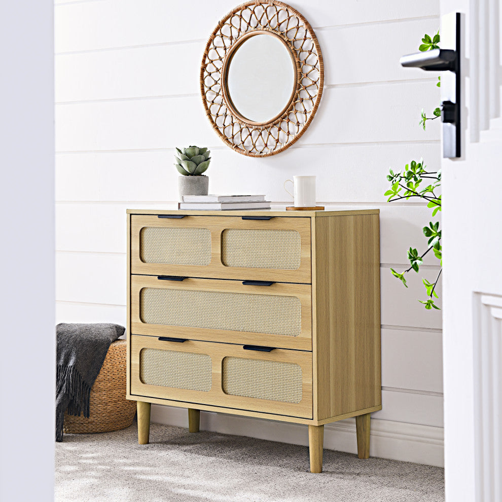 TATEUS 3 drawer dresser, modern rattan dresser cabinet, Natural