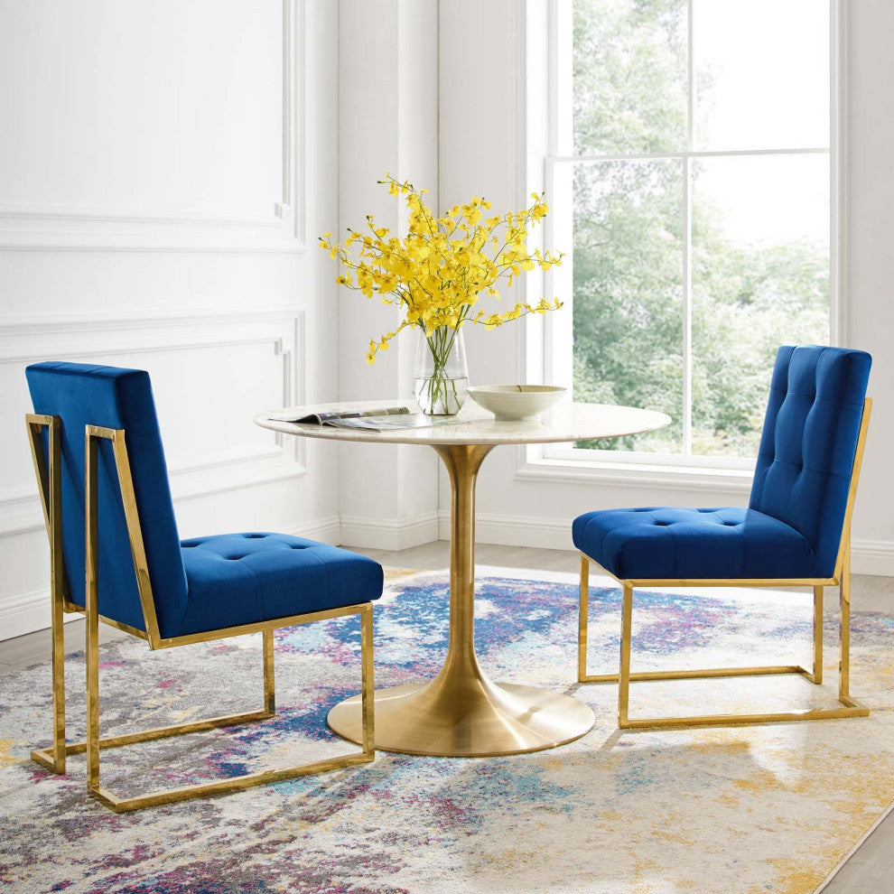 Side Dining Chair, Set of 2, Velvet, Metal, Gold Blue Navy, Modern, Cafe Bistro