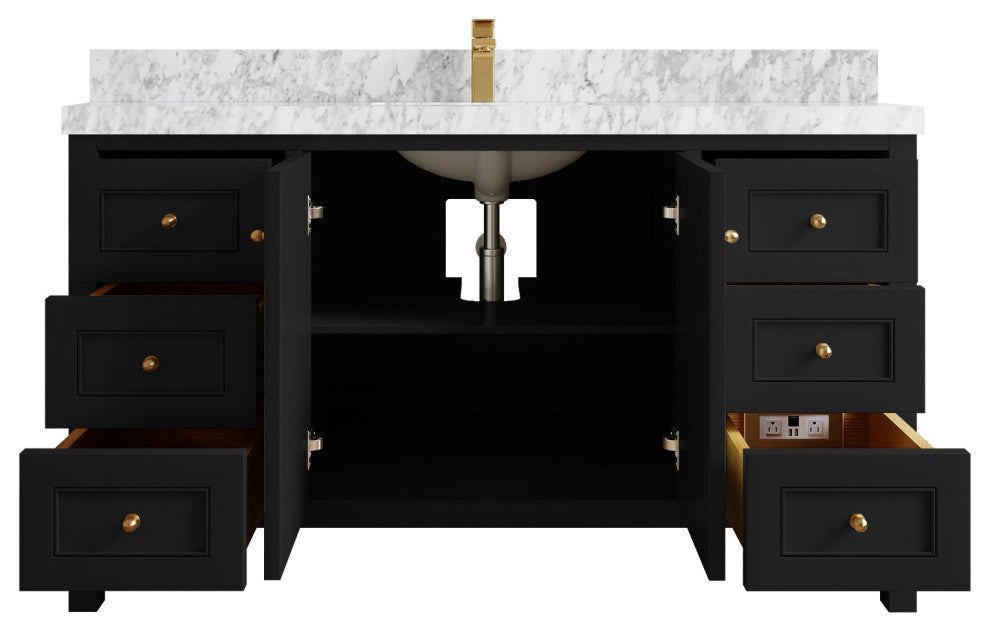 Nashville 60" Single Bathroom Vanity, Black 2" Carrara Marble