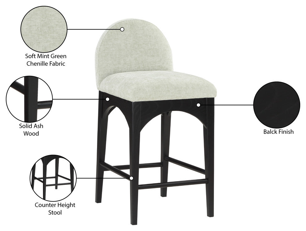 Waldorf Chenille Upholstered Stool, Black, Chenille, Natural Finish, Mint, Chenille Fabric, Black Finish