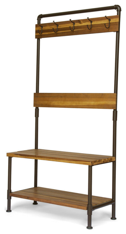 GDF Studio Carlos Outdoor Industrial Acacia Wood Bench With Shelf and Coat Hooks, Teak