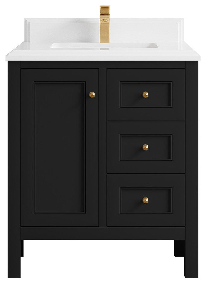 Nashville 30" Single Sink Bath Vanity, Black 1.5" White Quartz