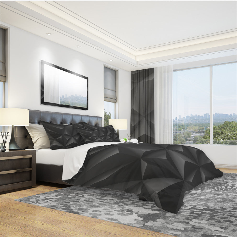 Deep Black Geometric Crumpled Modern Duvet Cover Set, King