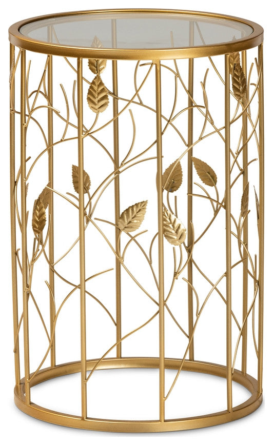 Modern Glam Brushed Gold Finished Metal and Glass Leaf Accent End Table