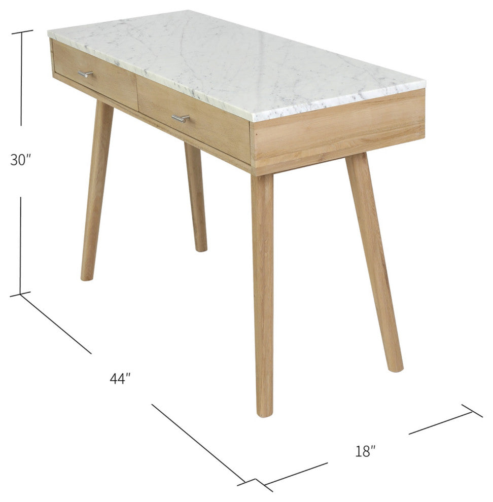 Viola 44" Rectangular Italian Carrara White Marble Writing Desk With Oak Leg
