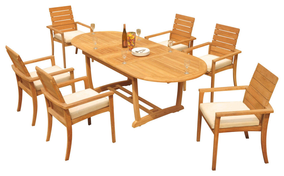 7-Piece Outdoor Teak Dining Set: 94" Masc Oval Table, 6 Alps Stacking Arm Chairs