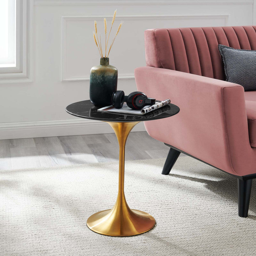 Lippa 20" Round Artificial Marble Side Table, Gold Black