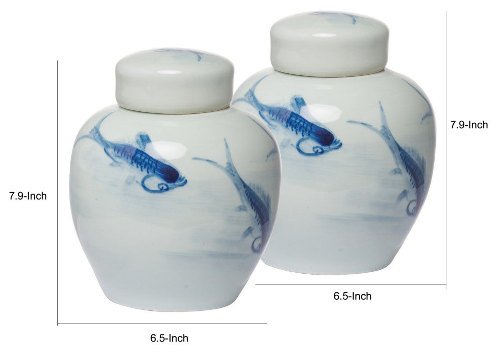 Benzara BM286405 8" Lidded Ginger Jar, Painted Koi Fish, White Blue 2-Piece Set