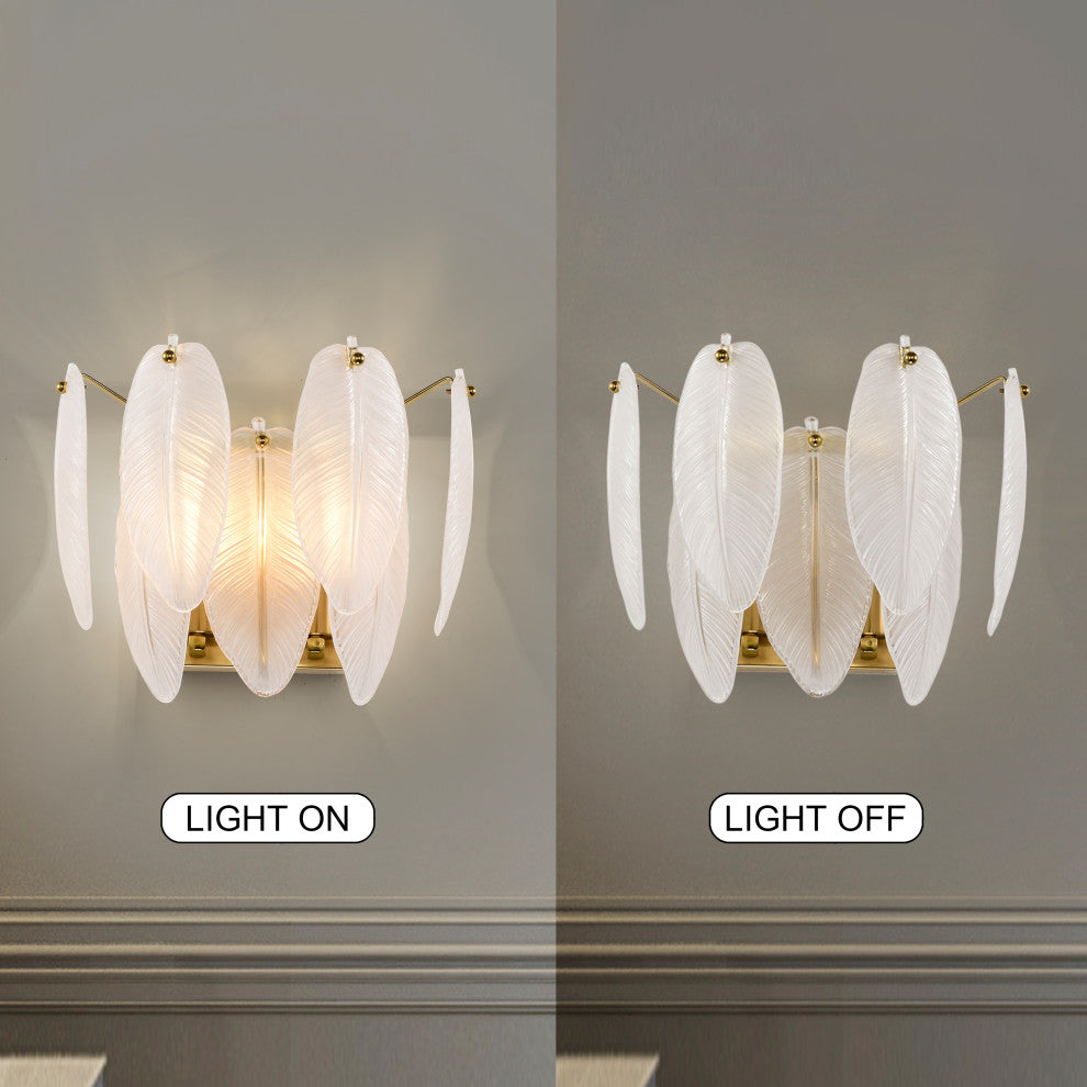 Cervine 2-Light Brushed Shiny Brass Feather-shaped Glass Wall Sconce