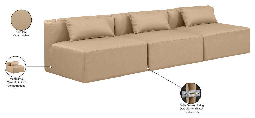 Cube Upholstered Modular Sofa, Tan, 3-Piece: 3 Armless Chair, Vegan Leather