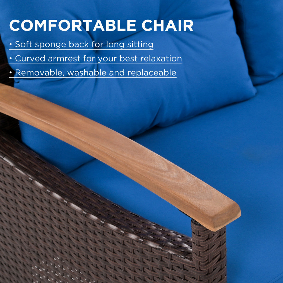 4-Piece Outdoor Wicker Patio Sofa Set with Wood Table and Removable Cushions, Blue