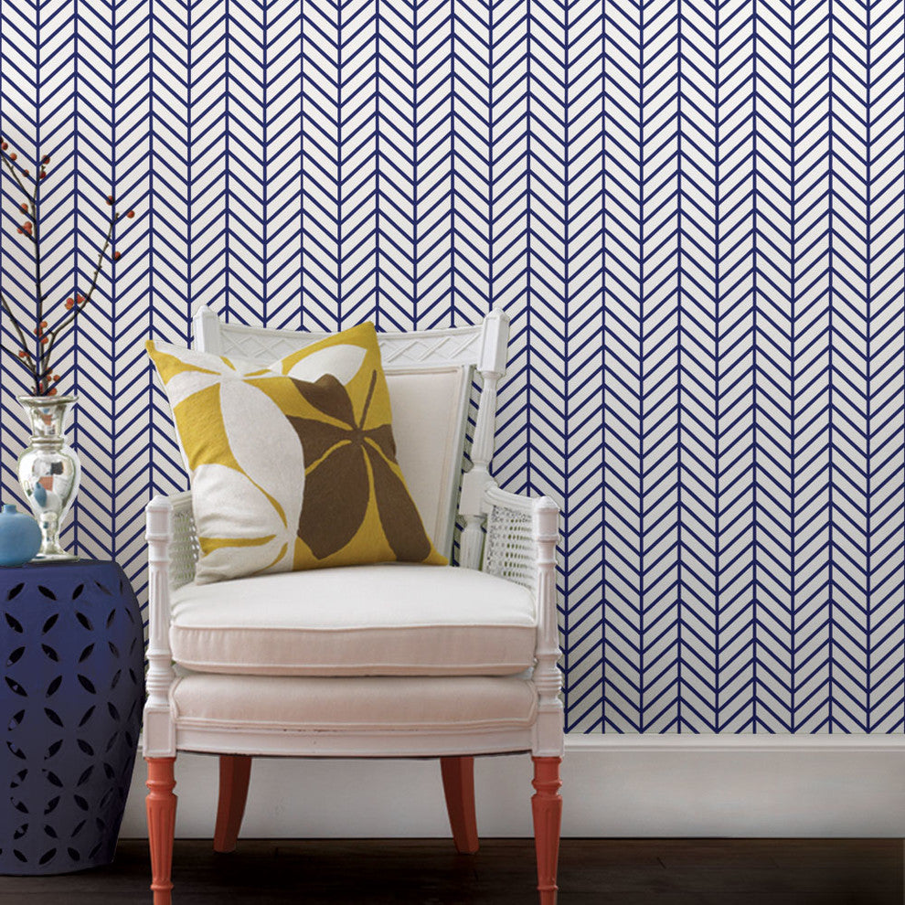 Herringbone Line Peel and Stick Vinyl Wallpaper , Navy, 24"w X 60"h