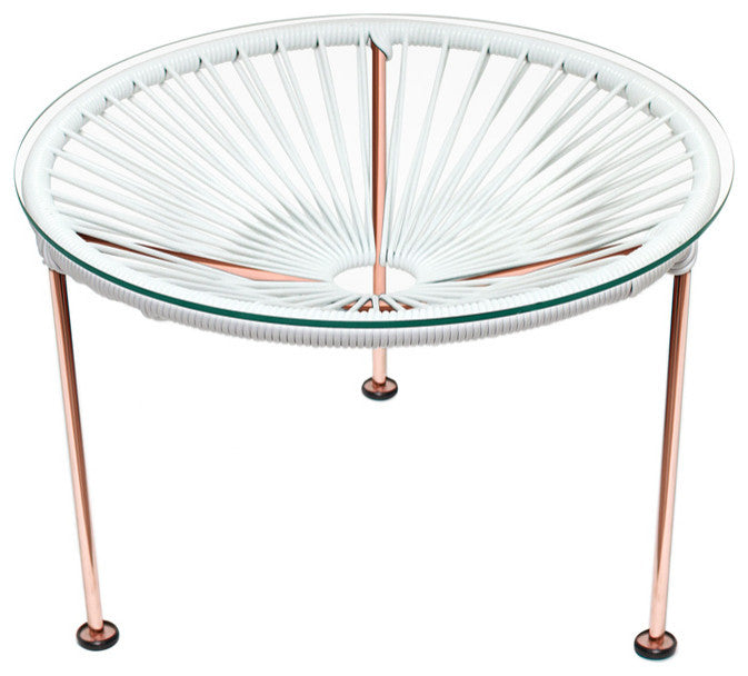 Zicatela Indoor/Outdoor Handmade Side Table, White Weave, Copper Frame
