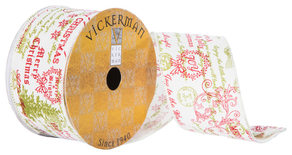 Vickerman Q202744 Yard Red & Green Stamp Pattern Christmas Ribbon
