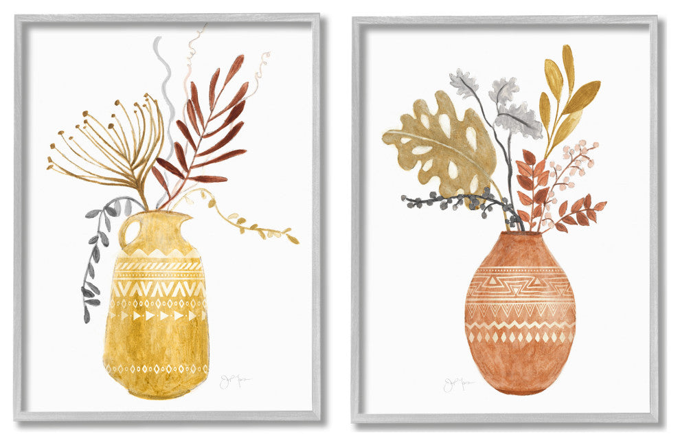 Boho Wildflower Botanical Arrangements Aztec Patterned Vases, 2pc, each 24 x 30