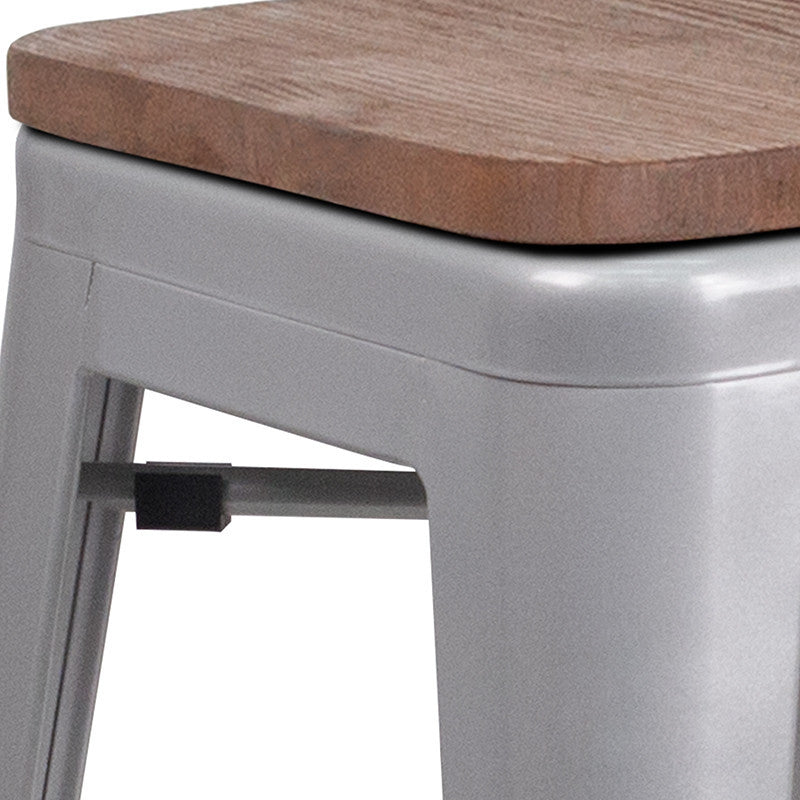 30" High Backless Silver Metal Barstool With Square Wood Seat