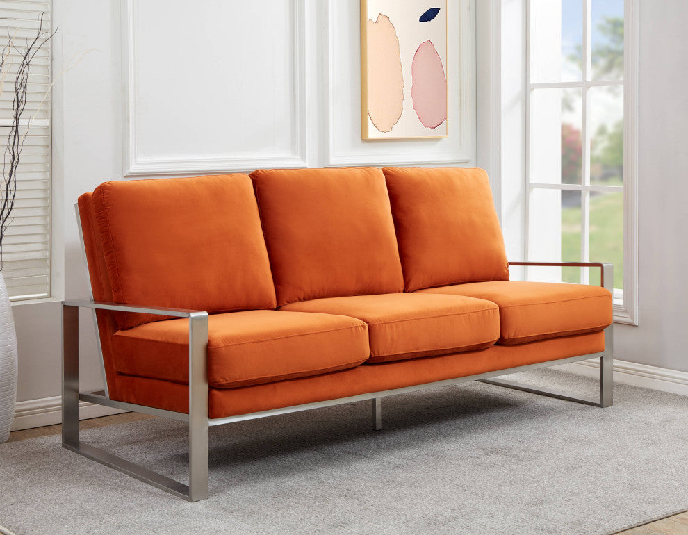 LeisureMod Jefferson Modern Design Velvet Sofa With Silver Frame, Orange