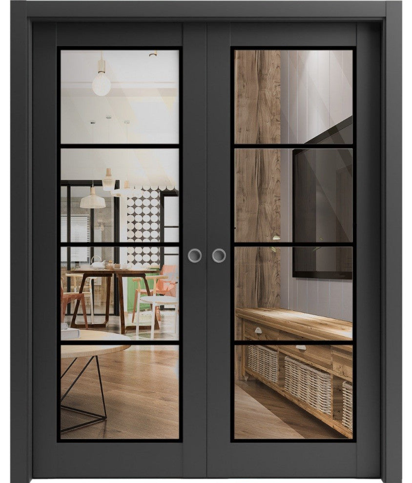 French Double Pocket Doors 60x80 | Lucia 2466 Matte Black | Kit Trims Rail