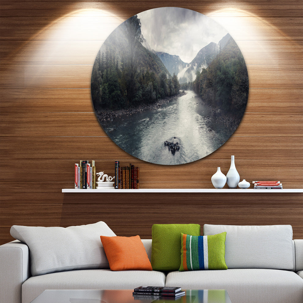 Mountain River With Fog And Rain, Modern Seascape Round Wall Art, 11"