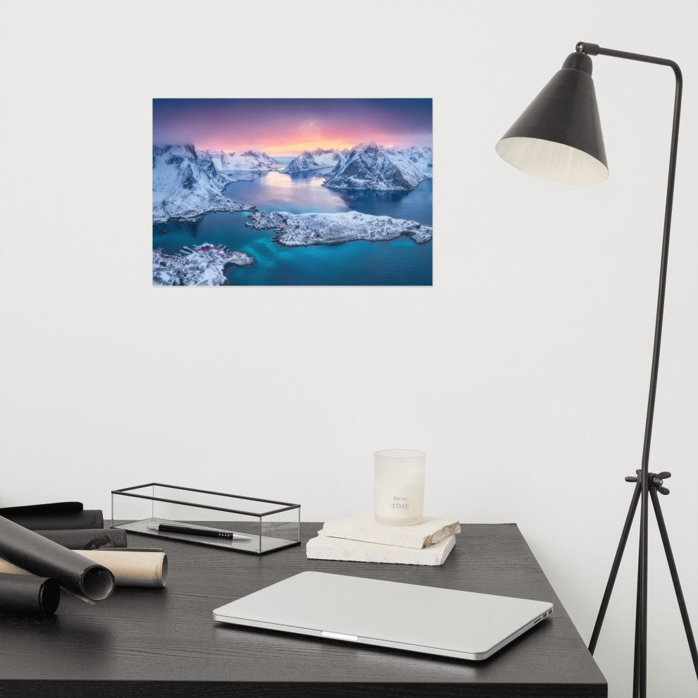 Reine at Winter Sunset Icy Mountain Landscape Photo Loose Wall Art Prints, 12" X 18"