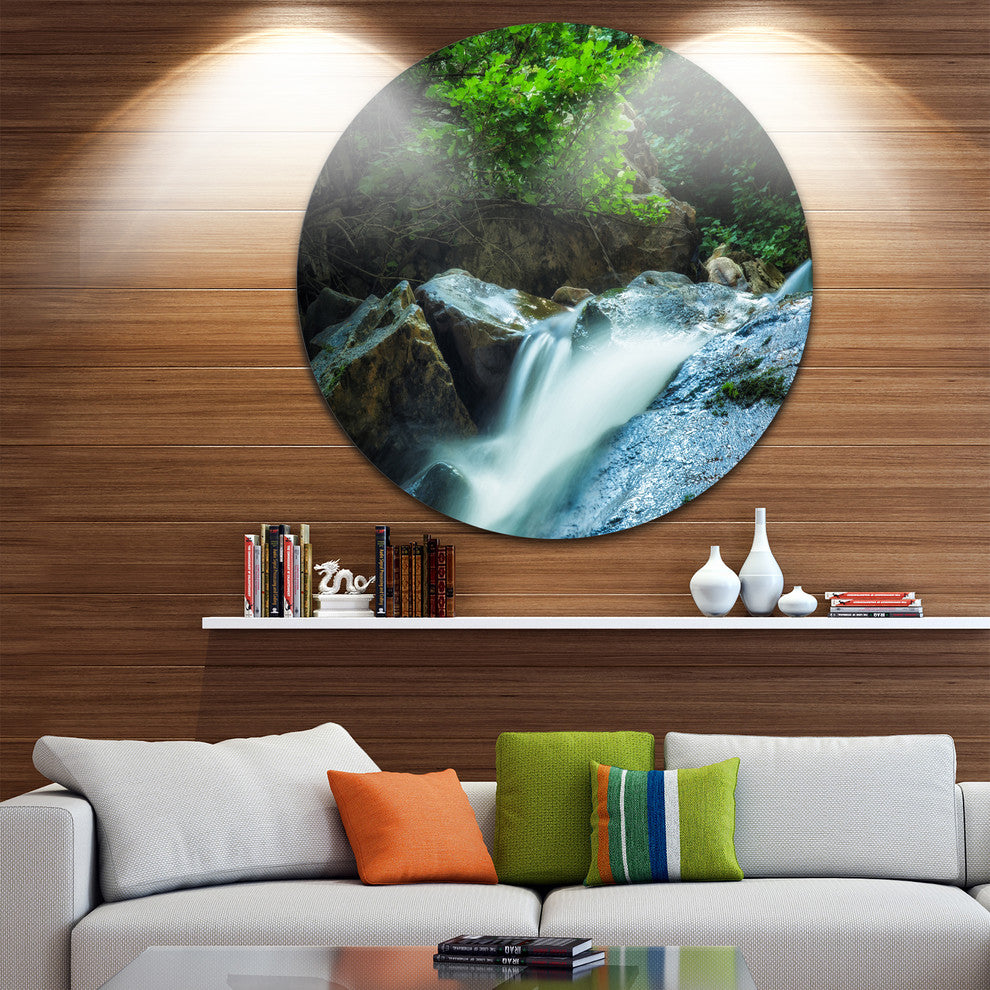 Water Slide Over The Moss, Landscape Round Metal Wall Art, 36"