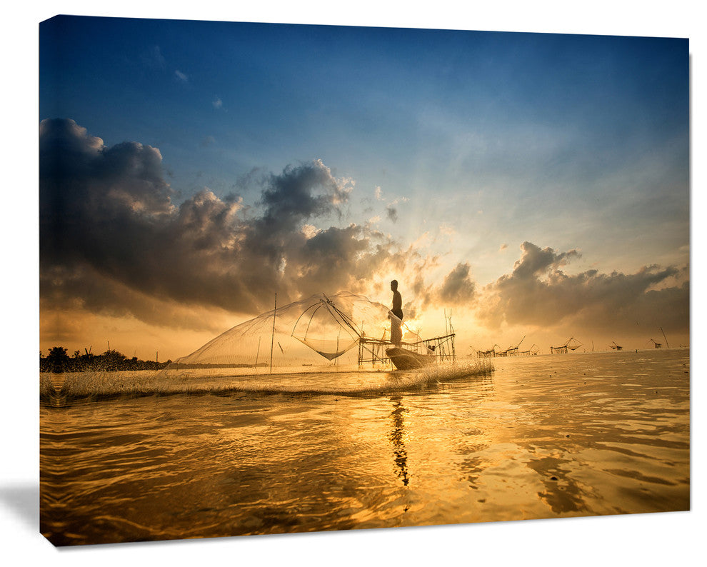 Pakpra with Fisherman at Sunrise, Landscape Canvas Art Print, 20"x12"