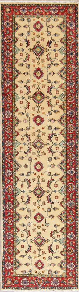Traditional Kazak Oriental Hand Made Pakistani Wool Runner Rug, Beige, 9'9"X2'9"