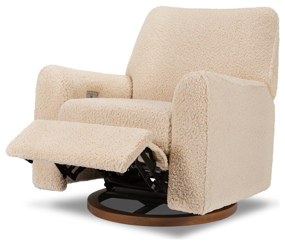 Sunday Power Recliner and Swivel Glider, Chai Shearling With Dark Wood Base
