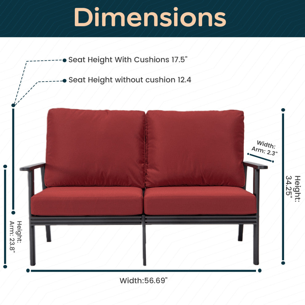 Leisuremod Walbrooke Patio Loveseat With Black Aluminum Frame, Red
