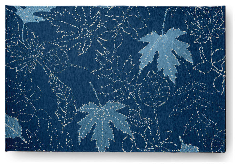 Dotted Leaves Fall Design Chenille Area Rug, Blue, 4'x6'