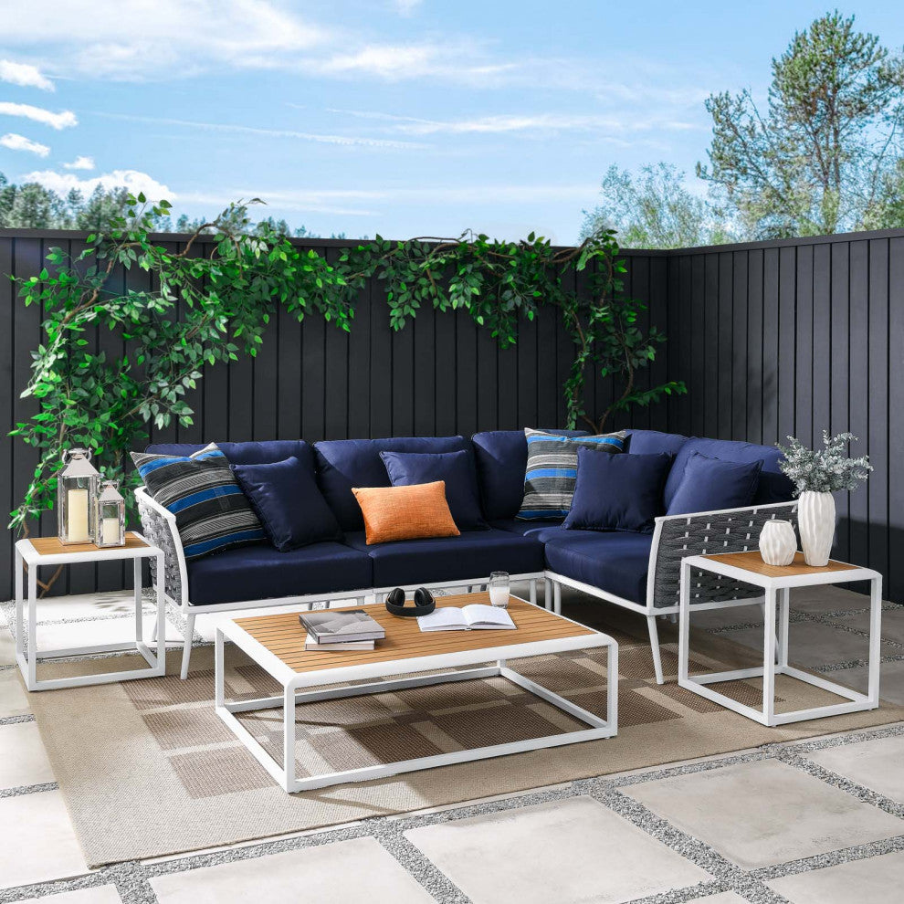 Lounge Sectional Sofa Chair Table Set, Navy White, Aluminum, Modern, Outdoor