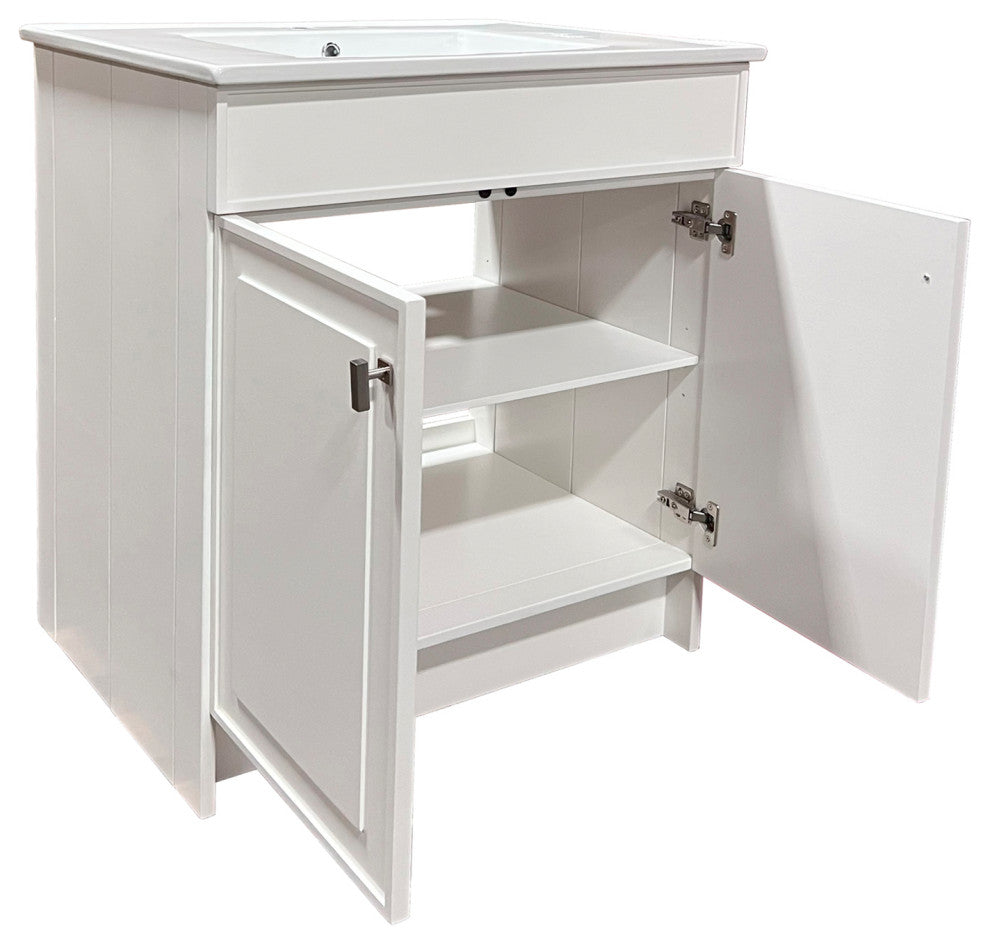 SmartFold 31" Single Sink Vanity, White With White Ceramic Top, Brushed Nickel