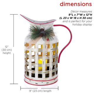 White Metal Pitcher with Candle DÃ©cor and LED Light