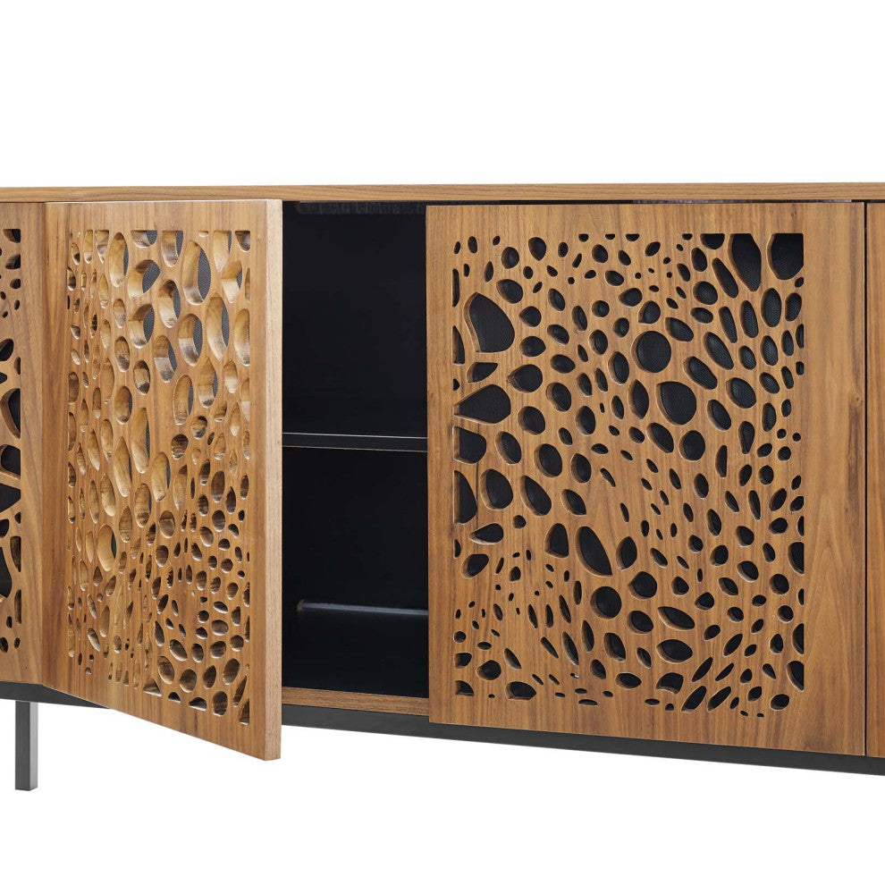 Media TV Stand Console Table, Rectangular, Wood, Metal, Brown Walnut, Modern