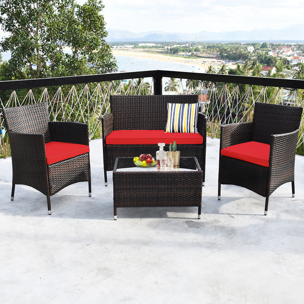 Costway 4 PCS Outdoor Patio Rattan Furniture Set Table Shelf Sofa Red Cushions