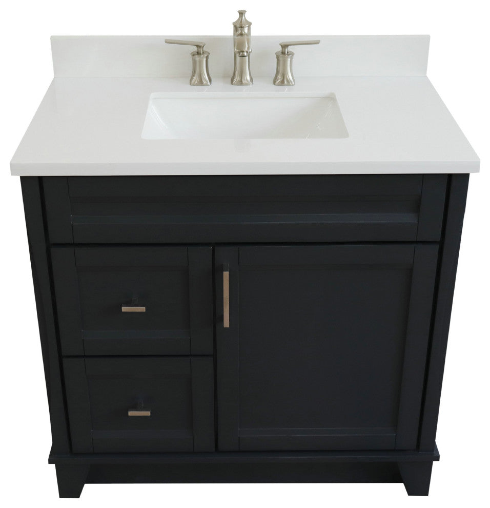 37" Single Sink Vanity, Dark Gray Finish With White Engineered Stone Top